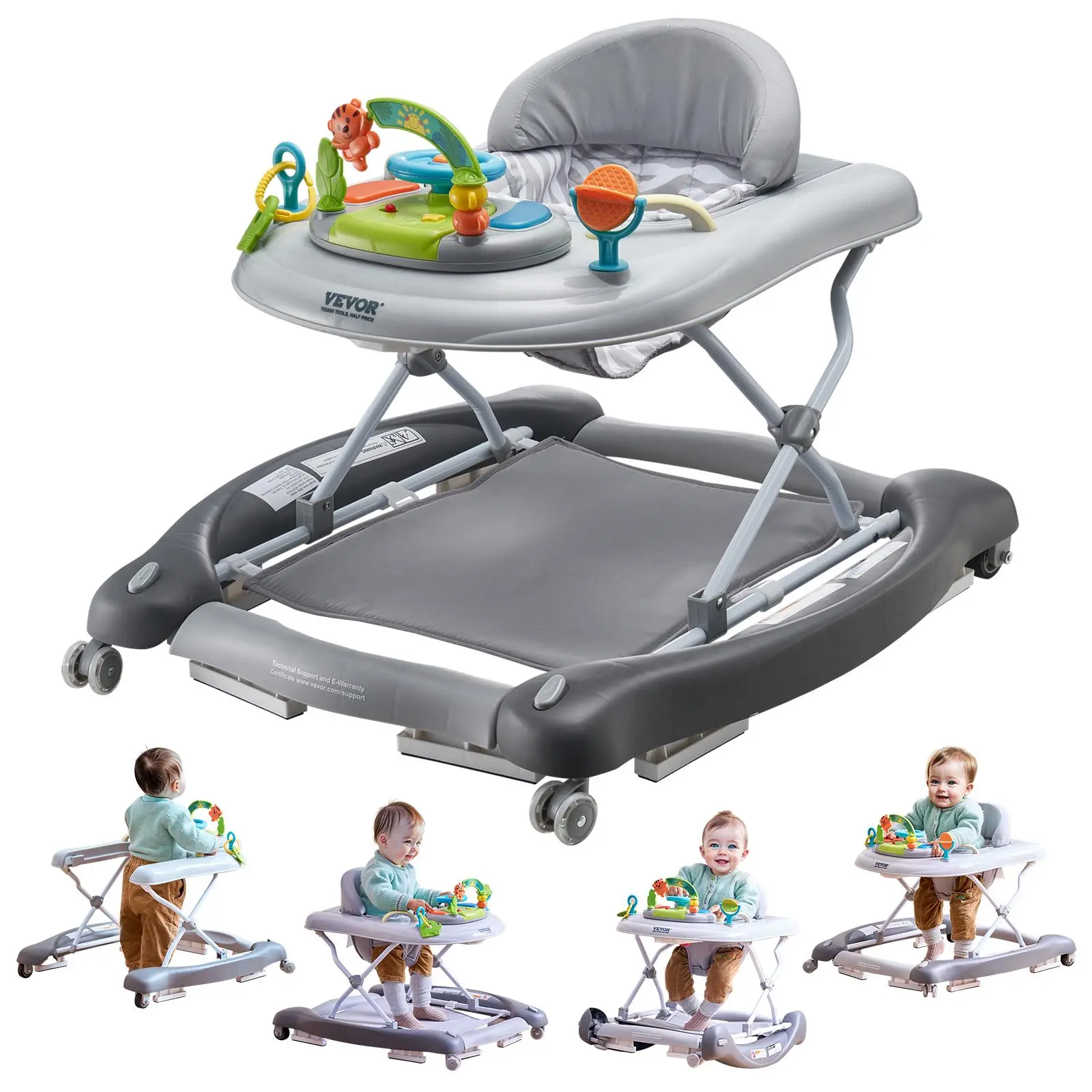 【FathersDayGift】VEVOR 4-in-1 Baby Walker, Foldable Baby Activity Center on Wheels, 3 Adjustable Height, Music & Toys Tray, Learning-Seated | Walk-Behind | Rocker | Bouncer Toddler Walker for Girls Boys  6-24 Months