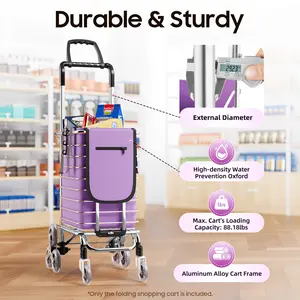 35L Waterproof Oxford Folding Cart - Silver/Purple with Universal Wheels for Shopping/Picnic
