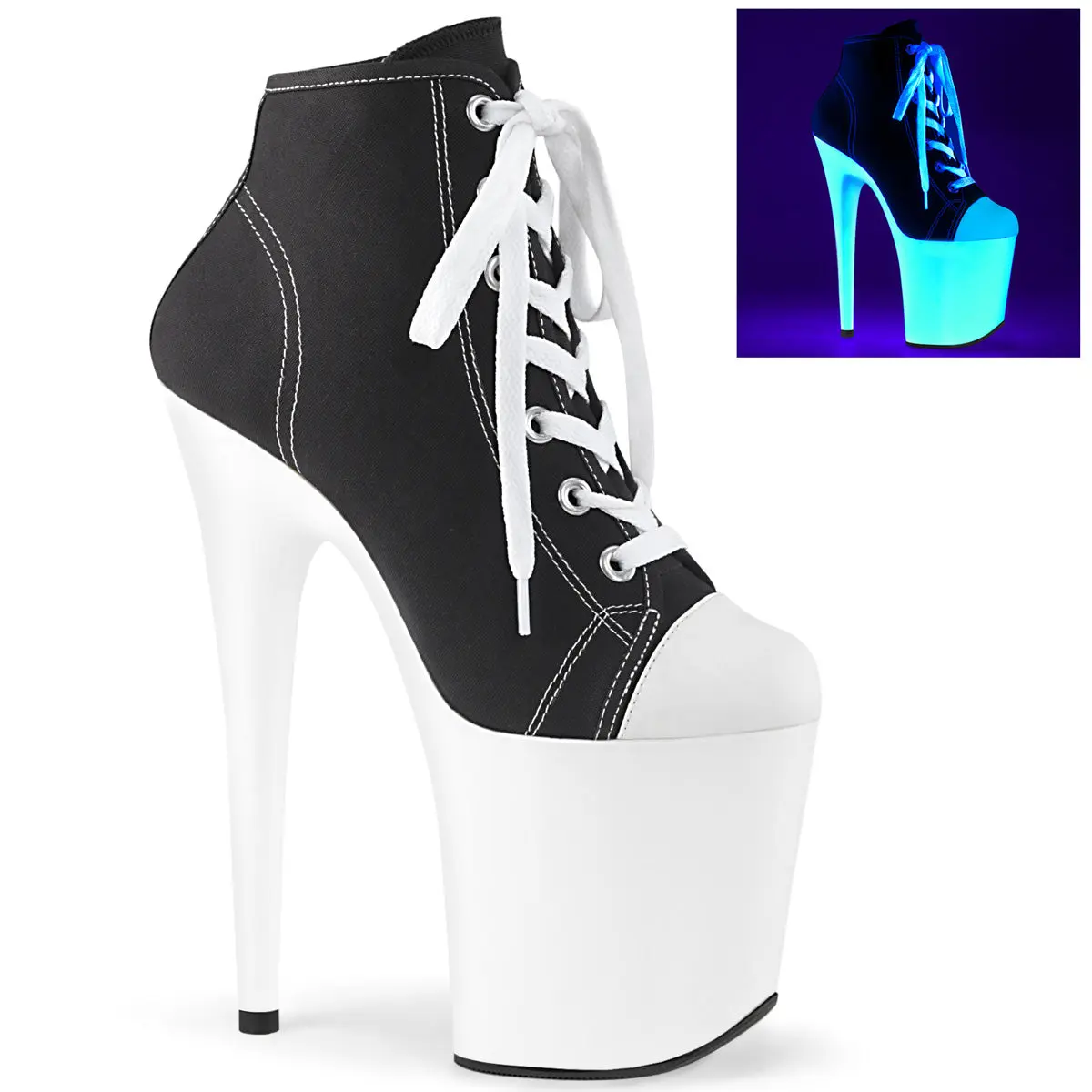 Pleaser Women's Lace-Up Canvas Sneaker Booties - 8 in Black/White Platform Heels, Side Zip, Blacklight Illuminates Details, It Girl Style, Ankle Height, Bold Statement Footwear for Parties
