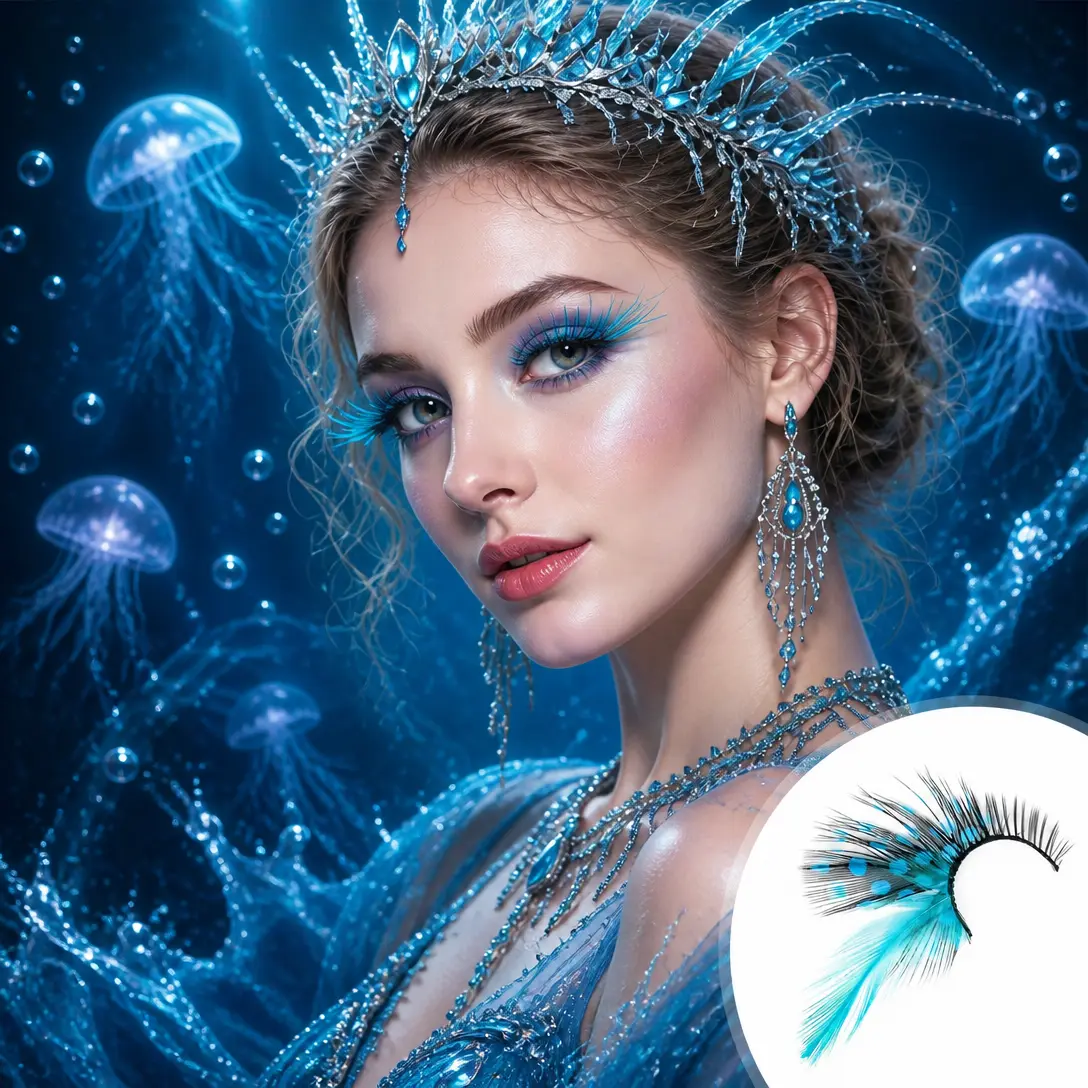 Dorisue Teal Cat Eye Feather Eyelashes — Mermaid Alt Beauty Daily False Lashes for Ocean Events, Cosplay