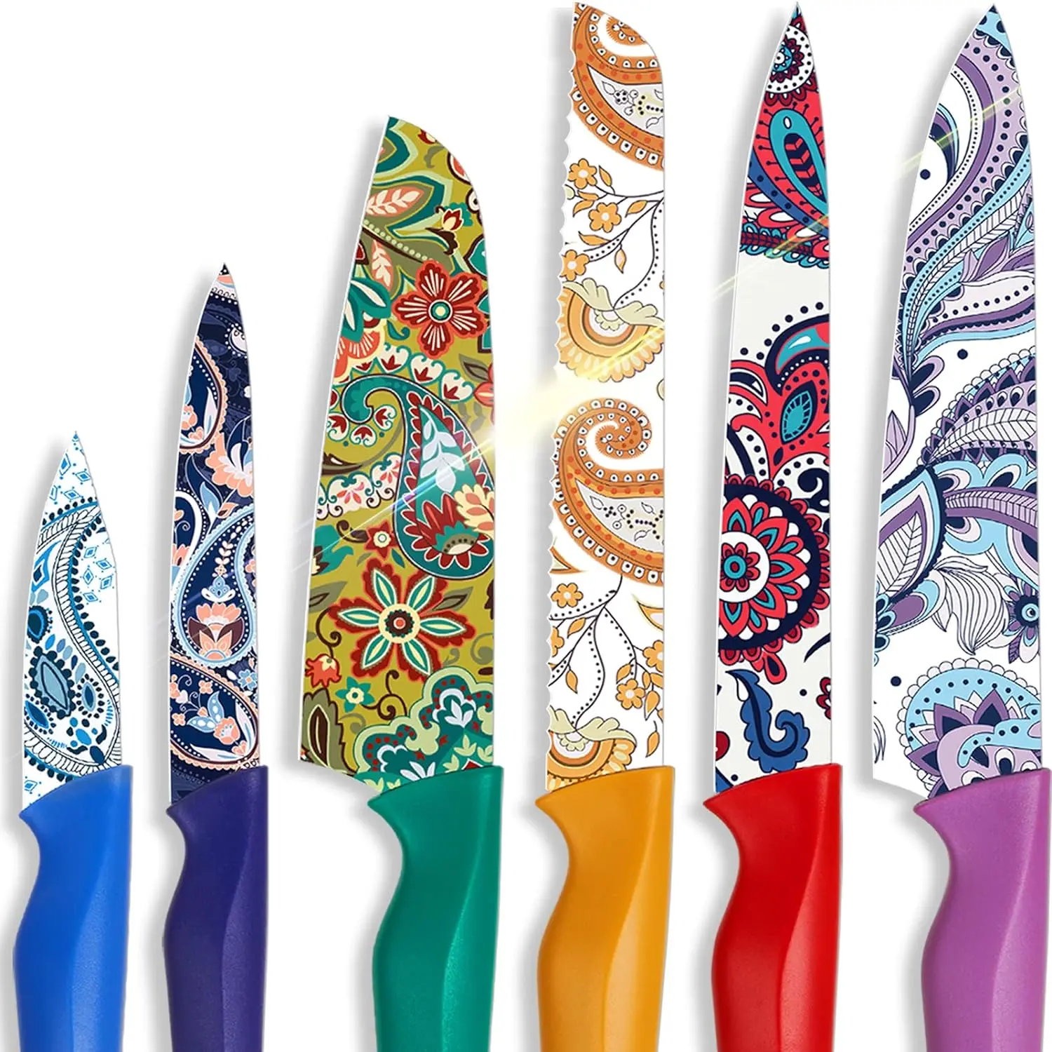 Astercook Paisley Knife Set – Cook with Love, A Thoughtful Valentine’s Day Gift for Home Cooks, 6-Piece Colorful Kitchen Knife Set Utensils Breadknife Kitchenware Block Blade Kitchen Essentials
