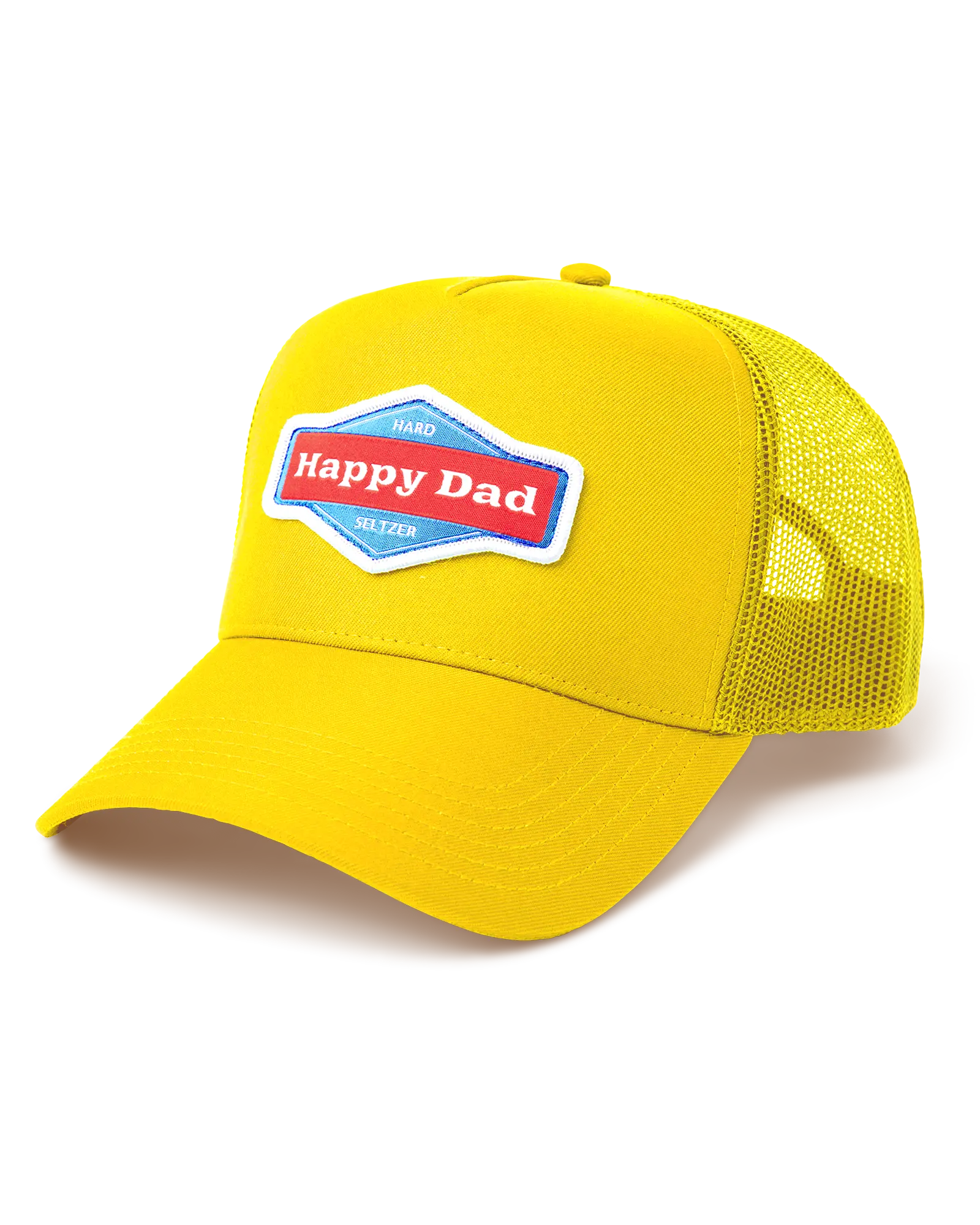 Happy Dad Unisex Yellow Twill Snapback Trucker Hat - Custom Cap with Front Logo Patch, Embroidered Design, Adjustable Snap Closure for Casual Fashion, Custom Trucker Hats