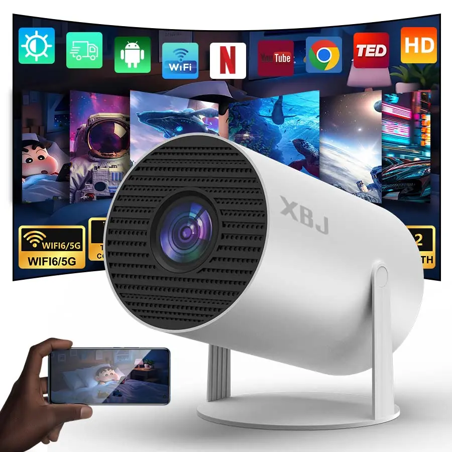 XBJ Mini projector, 300ANSI with Android 12 system built in, equipped with Wifi and Bluetooth5.4 functions, supporting keystone correction and 4K decoding, 180-degree rotation, short-throw projector. For home/outdoor use BLACK FRIDAY