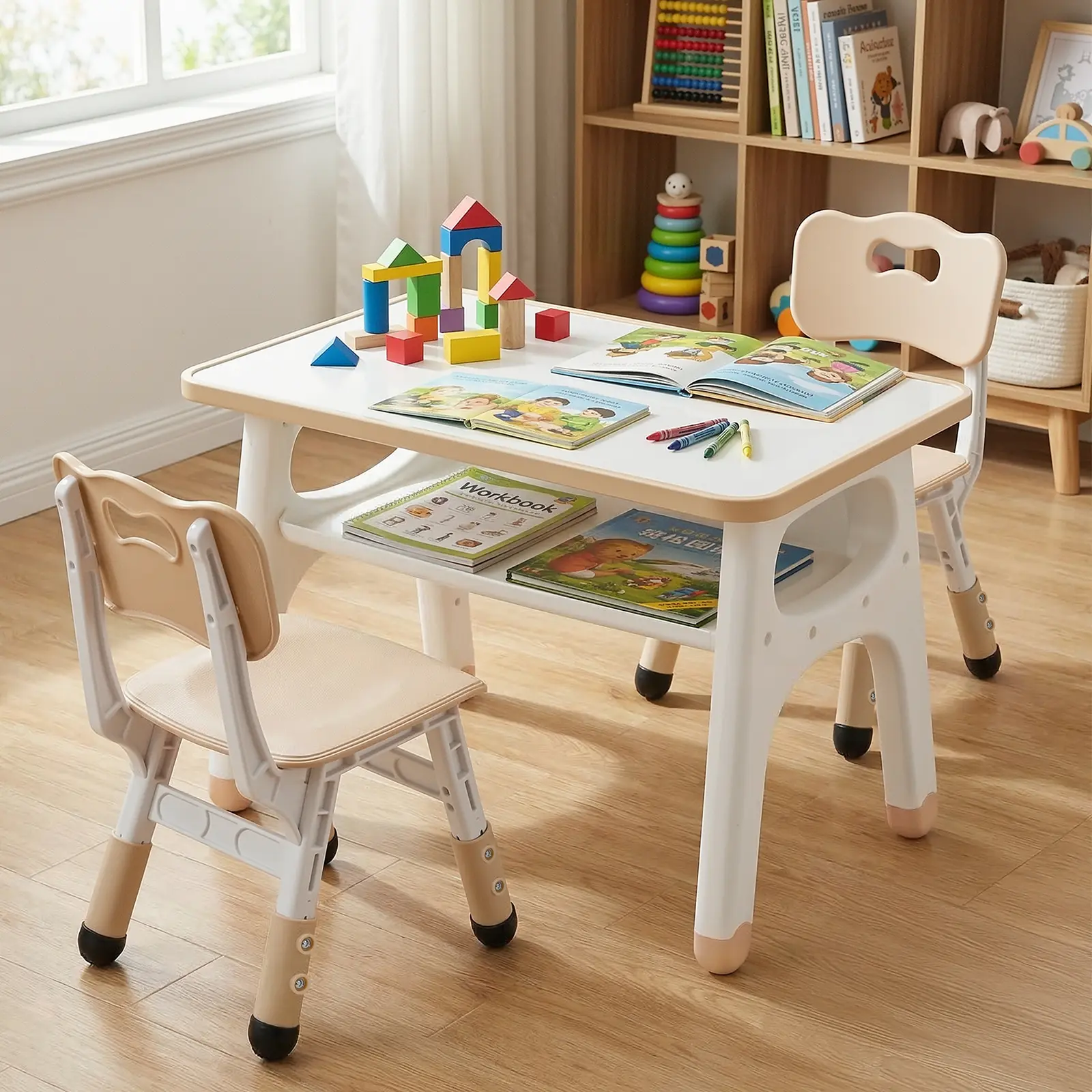 Arlopu Kids Table and 2 Chairs Set, Children Activity Table with Large Built-in Storage, Graffiti Desktop, Adjustable Height Toddler Chair with Anti-Slip Foot Covers for Reading, Drawing, Snack Time				 homeessentials