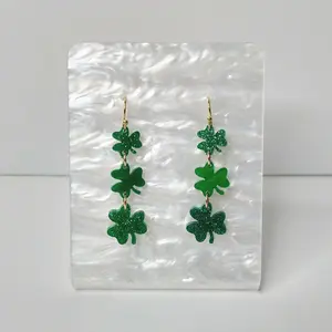 #185 Triple Clovers with Green Glitter & Green Pearlescent Earrings, Casual, St. Patrick's Day, Irish, Luck, Acrylic