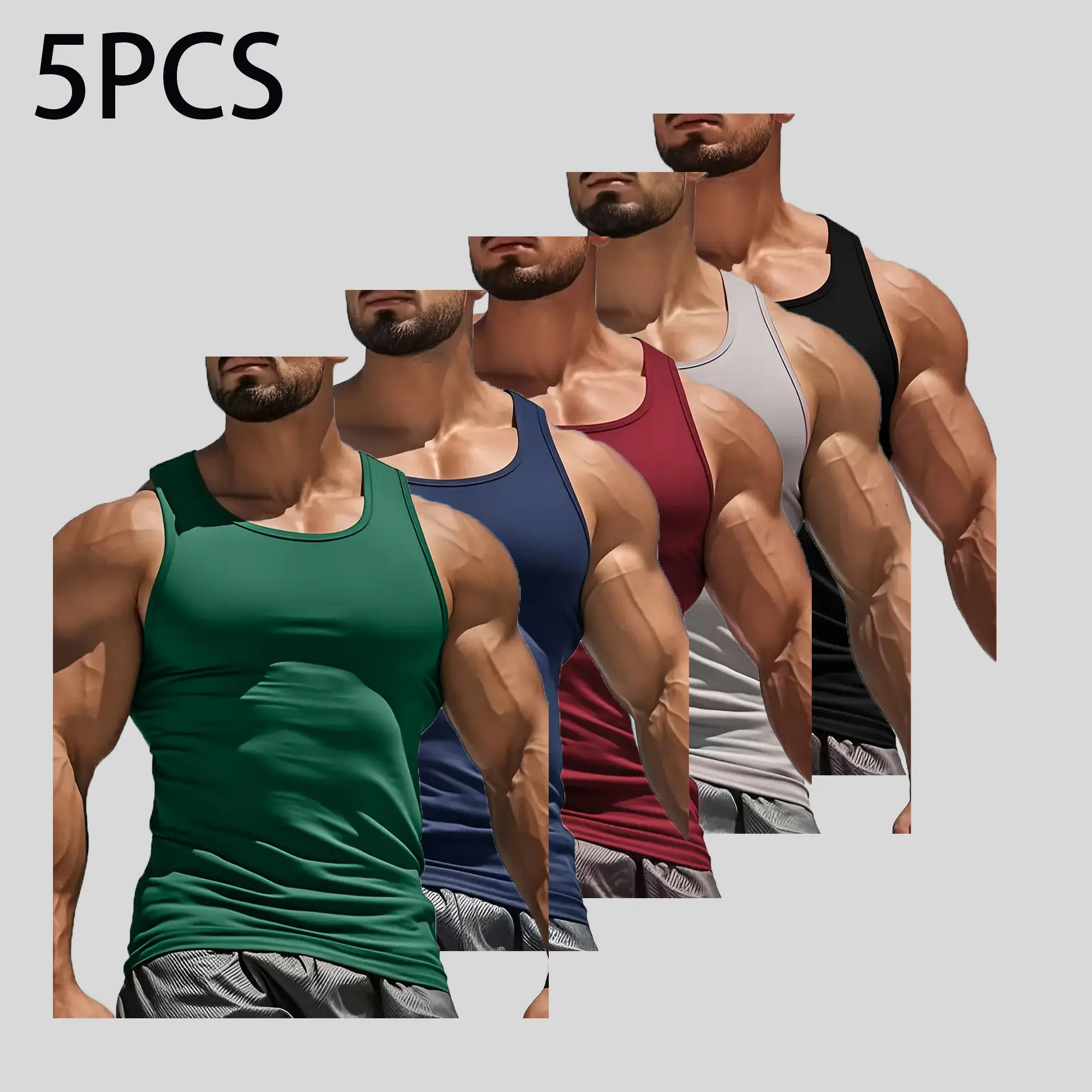 Men’s Clothing 5-Pack Slim Fit Sports Tank Tops - High Stretch, Breathable, Quick Dry, Sleeveless Workout, Slim Fit Flatters Body, Sport Casual Workout Tops, Summer Fitness Base Layer