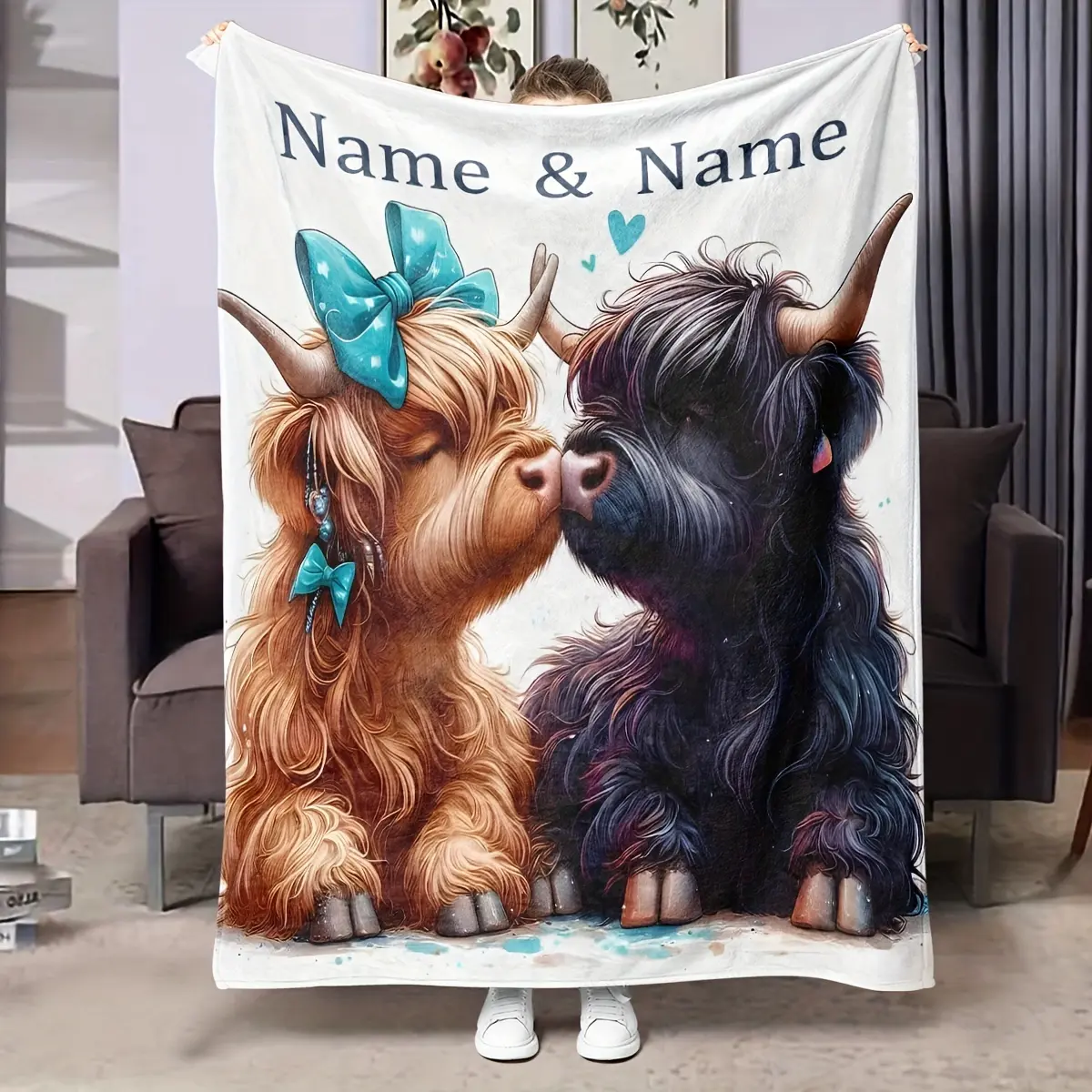 Customized Name Highland Cow Flannel Blanket - Personalized Text, Cozy Flannel Throw, Digital Print, Wrinkle Resistant, 40*50inch Kid Blanket, All-Season Comfortable Bedding Throw