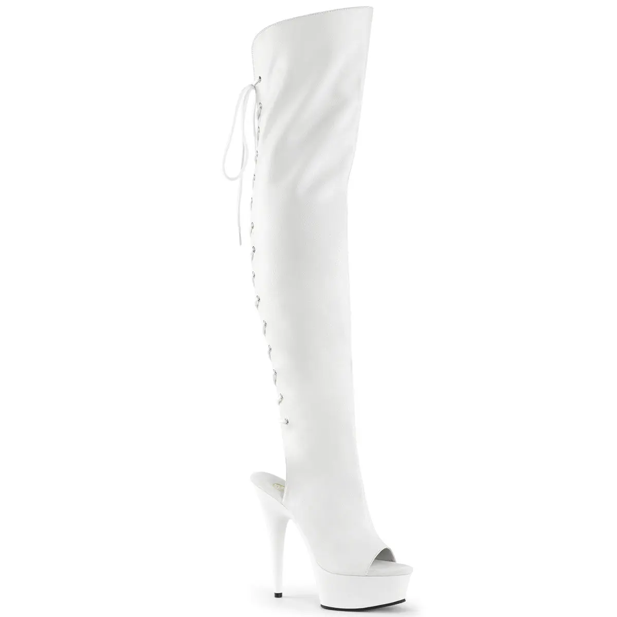Pleaser Delight-3019 Women's Open Toe Thigh High Boots, 6" Stiletto Platform Heel with Lace-Up Back & Side Zipper, Side Zipper Boot, Footwear, 6" Stiletto Lift, Open Toe Pedicure, Zipper Fast Entry