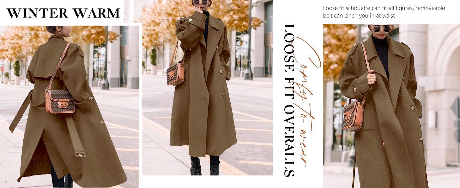 Ebossy Women's Winter Double Breasted Midi Long Wool Pea Coat Notch Lapel Trench Coat Minimalist Basic Jackets Thermal Lined Outerwear