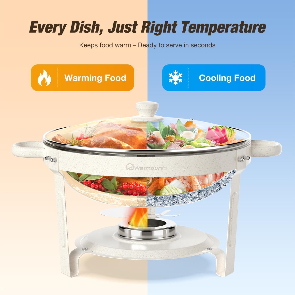 WARMOUNTS 5QT White Chafing Dishes for Buffet with Glass Lid 2/4 Pack, Maifanite-Coated Round Chafing Dish Set w/Mirror-Polished Stainless Steel Rolled Rim, Stackable, Lid Holder for Party, Wedding