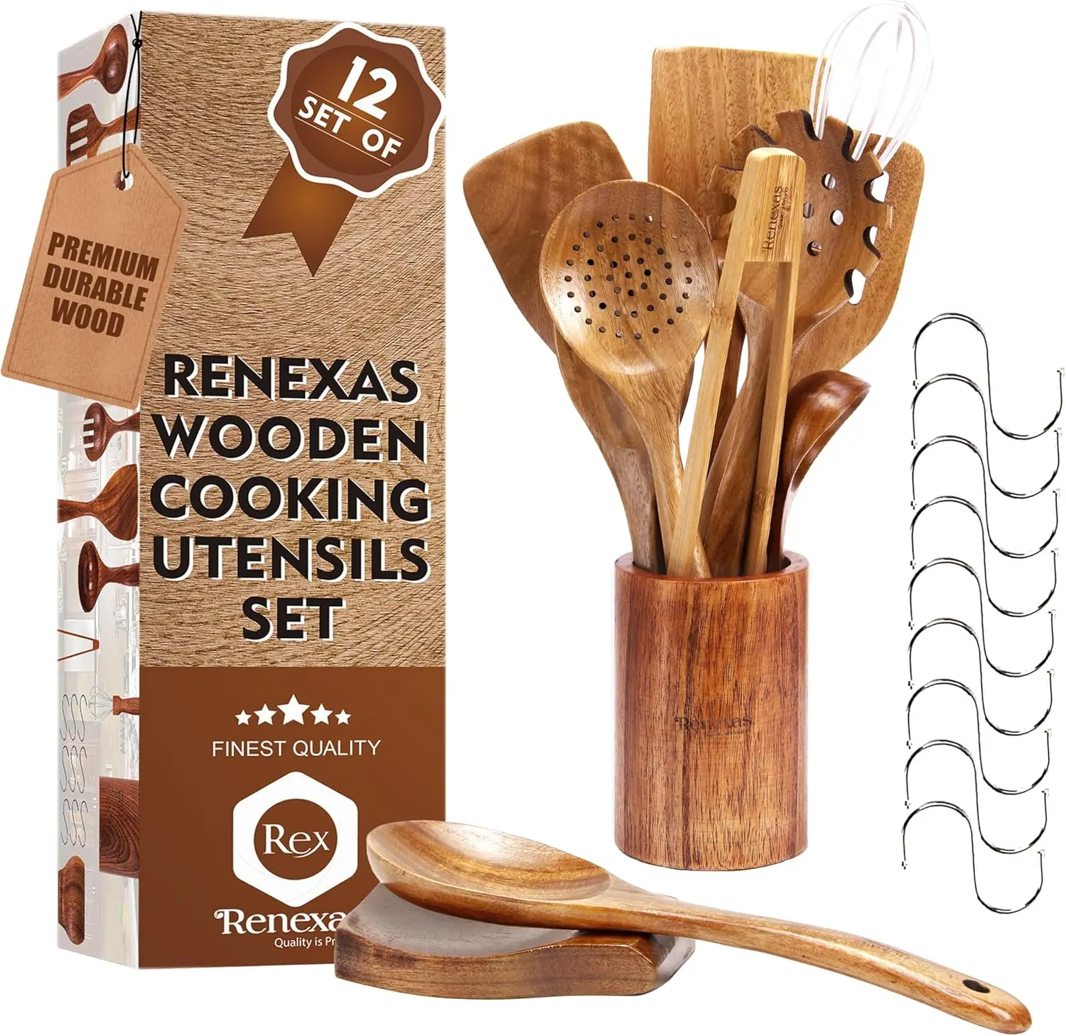 12 Pcs Wooden Spoons for Cooking Utensils, Natural Teak Wooden Cooking Spoons with Nonstick Spatula Set, Bamboo Kitchen Utensils With Holder, Wood Spoon Set for Kitchen Essentials