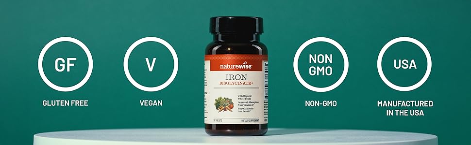 NatureWise Vegan Iron Supplement for Women & Men - Gentle on Stomach High Absorption - Coated Iron Bisglycinate Tablets + Vitamin C, Methyl B12, Folate & Organic Food Blend - Non-GMO - USA Manufactured NatureWise Vegan Iron Supplement for Women & Men - Gentle on Stomach High Absorption - Coated Iron Bisglycinate Tablets + Vitamin C, Methyl B12, Folate & Organic Food Blend - Non-GMO - USA Manufactured