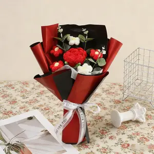 Handmade crocheted bouquet (1 bunch), artificial knitted yarn flowers, pink wrapping paper, home decor, party decoration, artificial roses - suitable for birthdays, Easter, St.  Patrick's Day, Mother's Day, and Women's Day gifts.