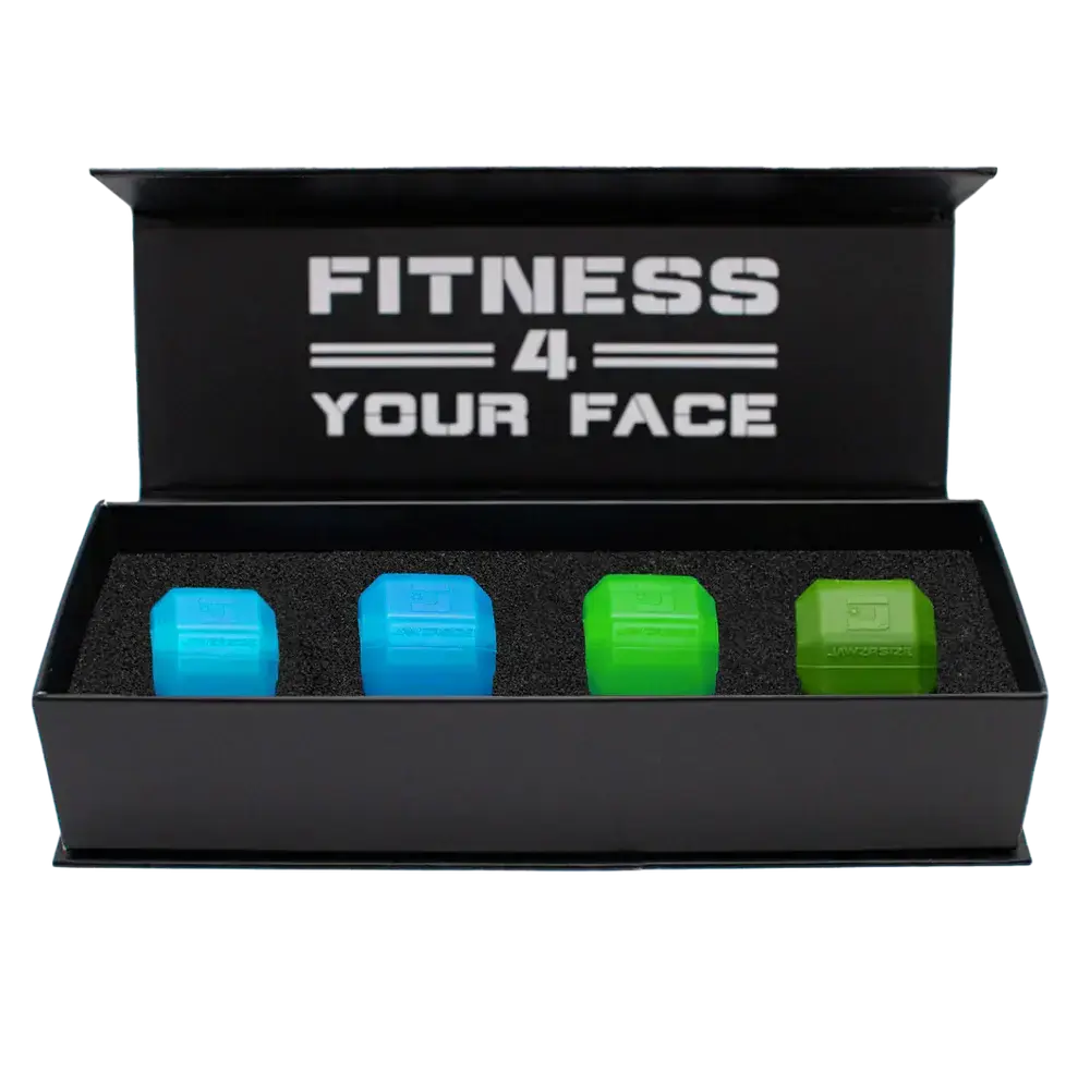 Jawzrsize Athletic Bundle Jaw Enhancer - Jaw, Face, and Neck Exerciser, Helps Reduce Stress and Cravings - Facial Exercise (Pop N Go & Custom Fit (Beg., Adv., & Elite), Green & Blue)
