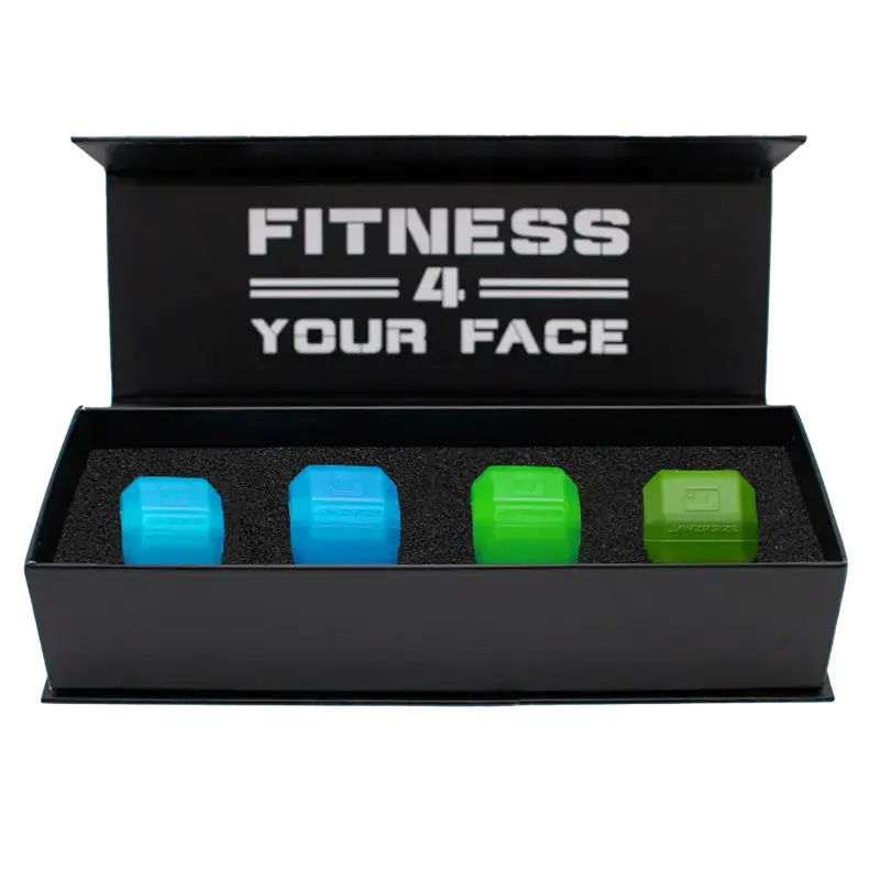 Jawzrsize Athletic Bundle Jaw Enhancer - Jaw, Face, and Neck Exerciser, Helps Reduce Stress and Cravings - Facial Exercise (Pop N Go & Custom Fit (Beg., Adv., & Elite), Green & Blue)
