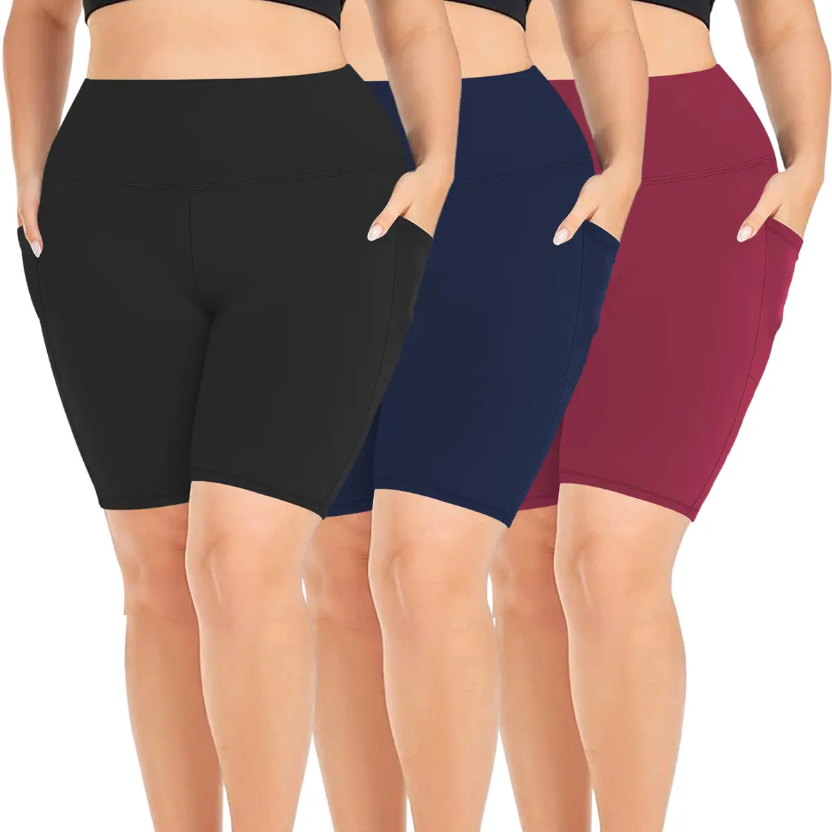 3 Pack Plus Size Biker Shorts with Pockets High Waisted Tummy Control Biker Shorts For Women Black Biker Shorts