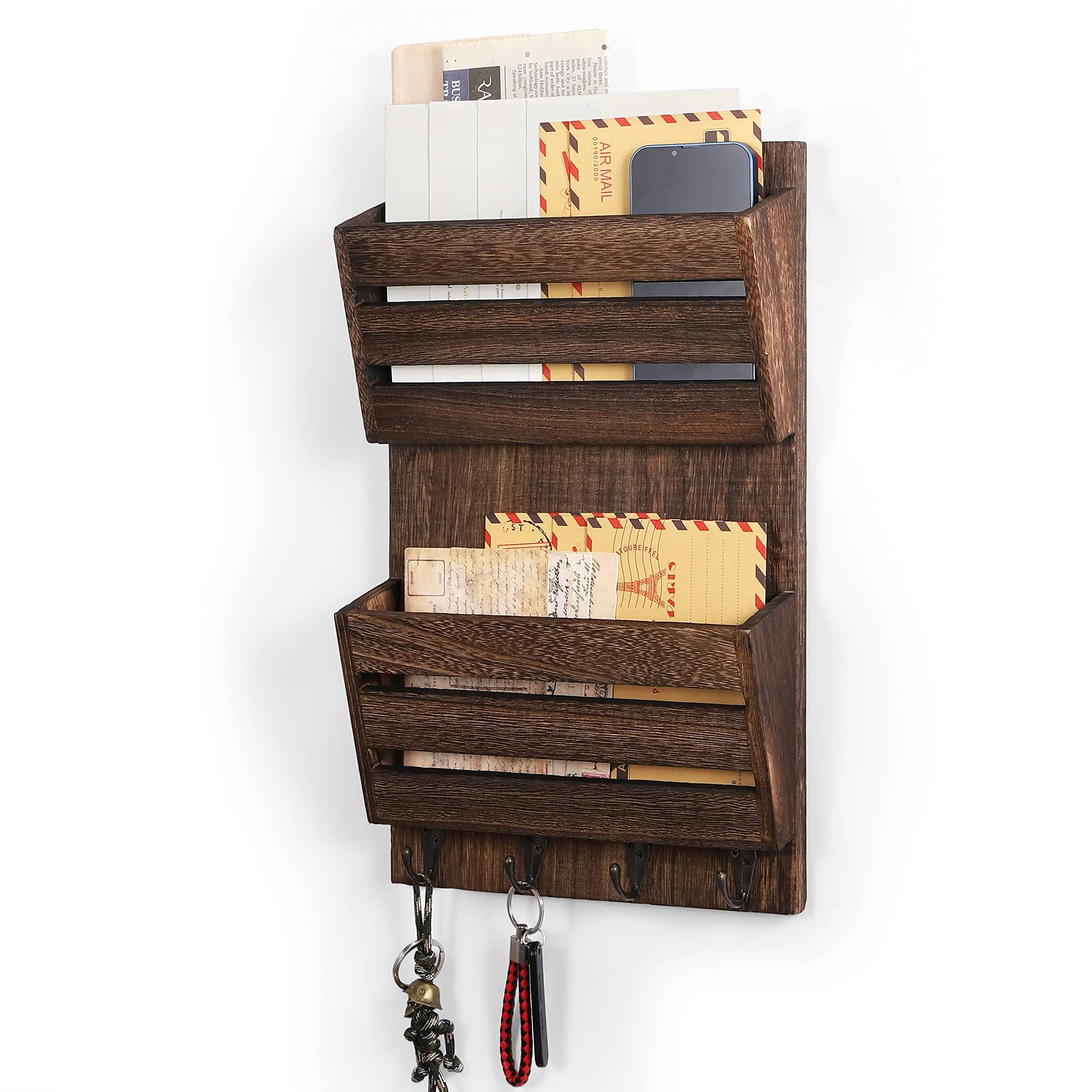 Mail Organizer Wall Mount with Key Hooks, 2-Slot Wood Mail and Key Holder, Wall File Organizer Office Letter Folder Accessories Organizer Home Farmhouse Decor