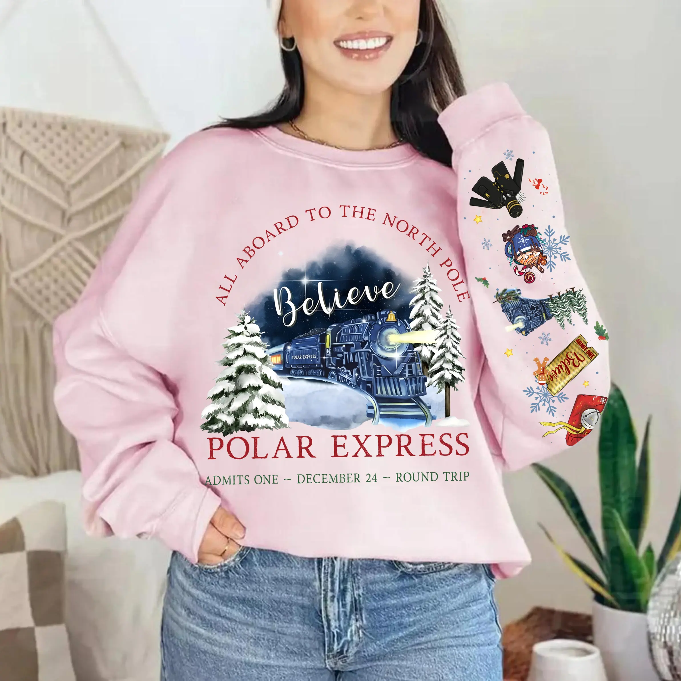Polar Express Sweatshirt with Sleeve Printed, Believe Train Hoodie Tee Shirt, North Pole Shirt, Gift For Holiday