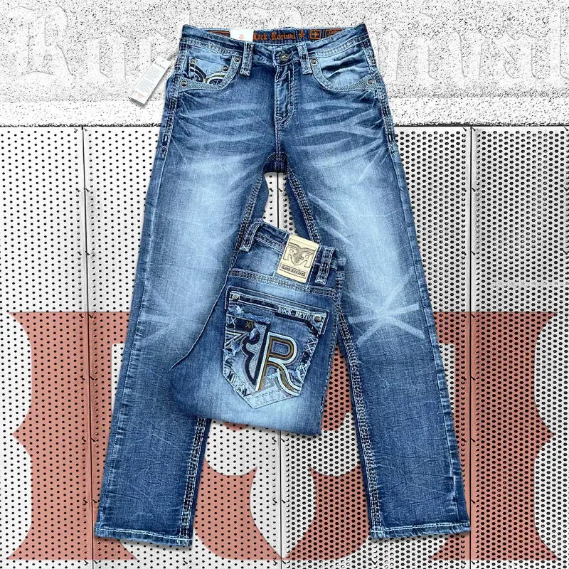Men’s Premium Bootcut Jeans, Rock Style Men’s Bootcut Jeans with R Embroidered Pockets
