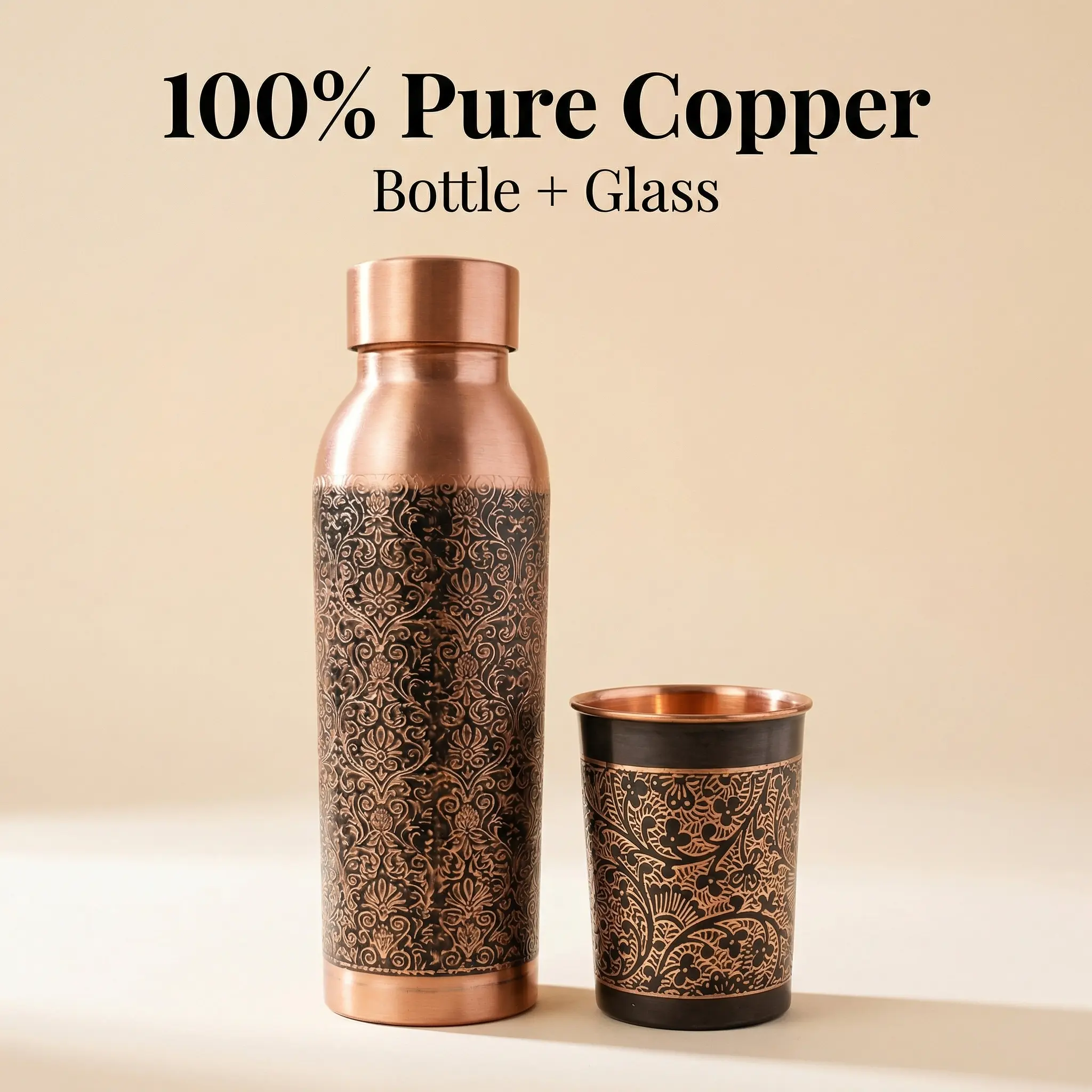 100% Pure Copper Water Bottle and Glass Set - Handcrafted Engraved Floral Design, Antique Traditional Reusable Drinkware, Elegant Kitchen Décor for Dining Table, Ayurvedic Housewarming Gifts