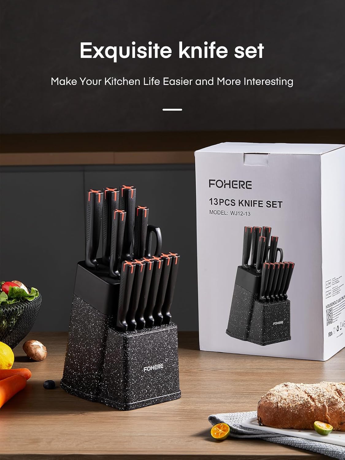 Ceramic Knife Set, D.Perlla 16 Pieces Kitchen Knife Set with Acrylic Stand, High Carbon Stainless Steel, BO Oxidation Knife Block Set, No Rust, Non Slip Handle, Sharp Cover Blade Stylish outdoorfun