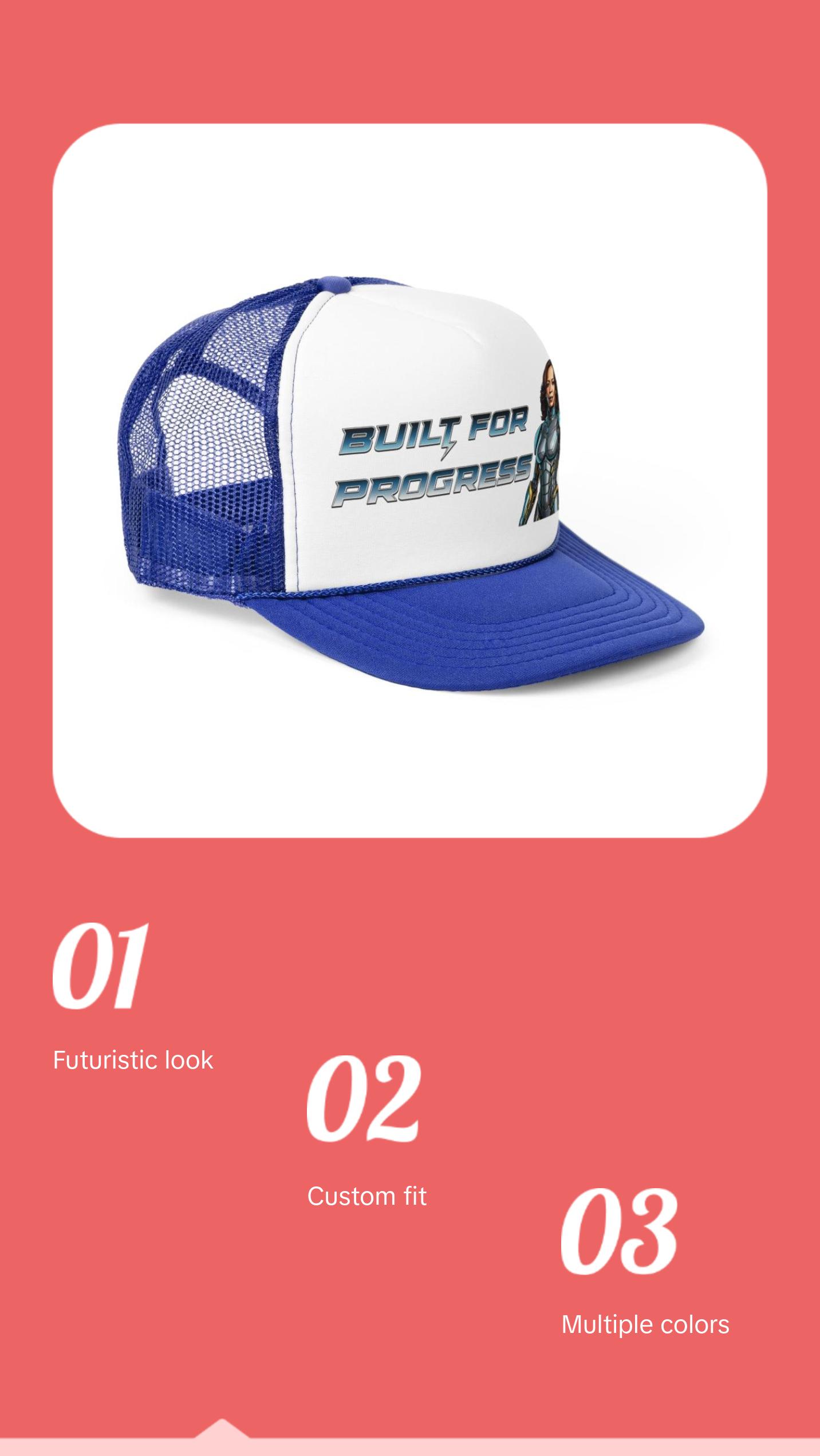 Kamala Harris "Built for Progress" Cyborg Trucker Hat - Futuristic Political Campaign Cap