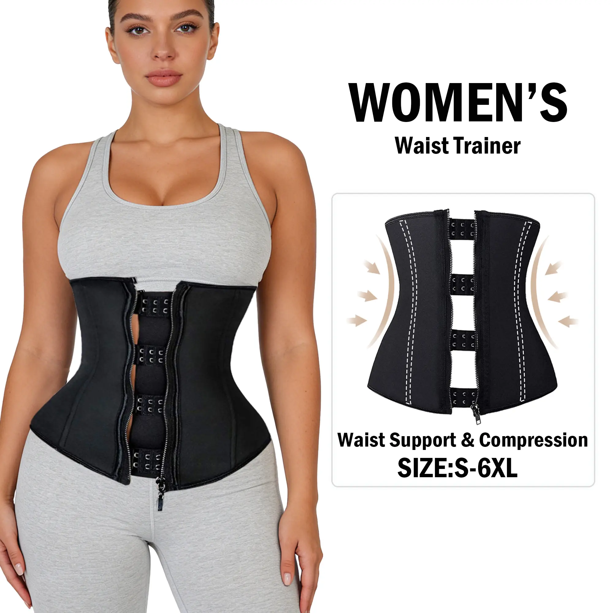 Women's Latex Rubber Zipper Underbust Corset Girdle - Lightweight Basic Compression Waist Trainer Cincher Fajas Shapewear for Sport Workout, Plus Size 2XL-6XL Comfort Women's Underwear
