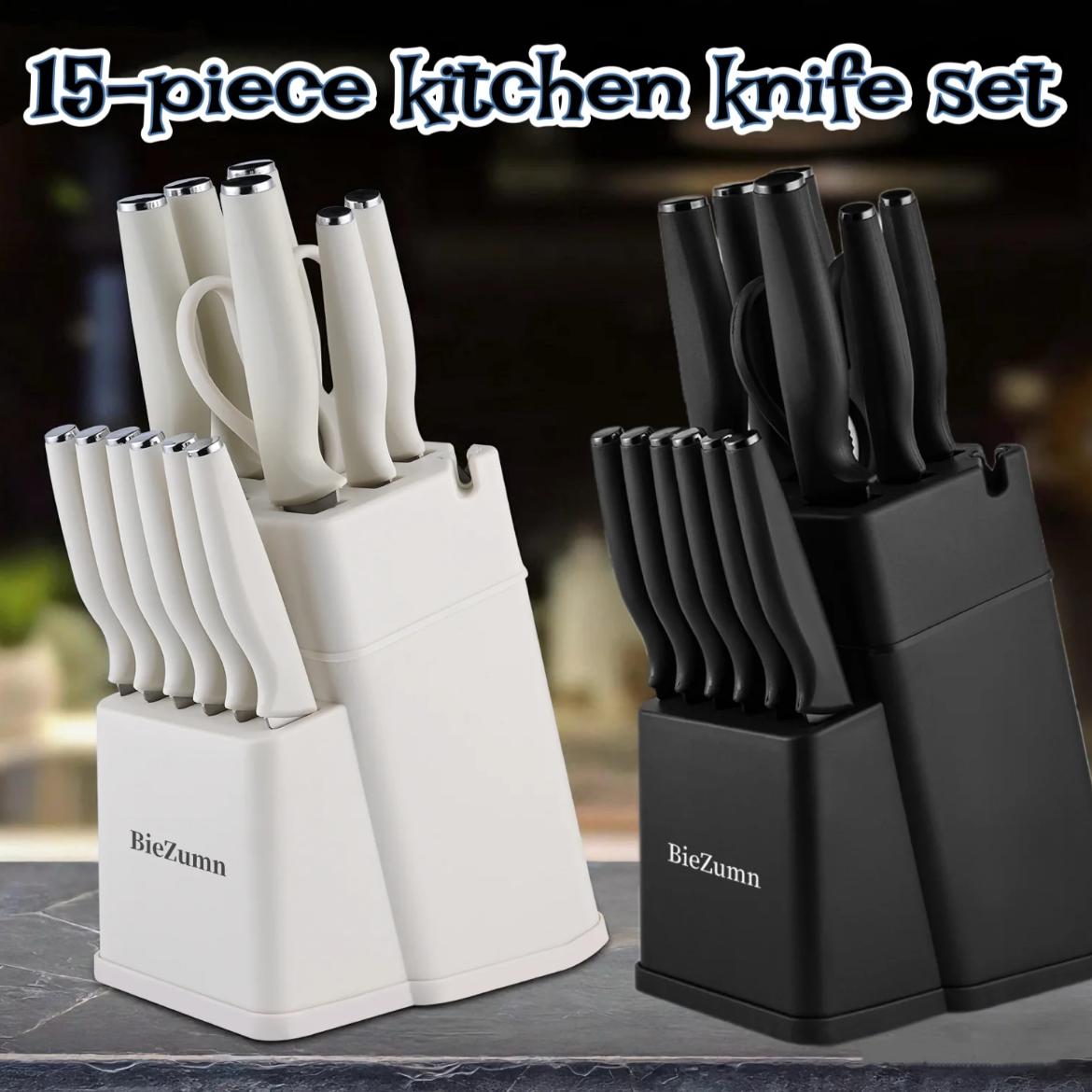 15 Pieces Kitchen Knife Set, High Carbon Stainless Steel,Sharp Includes Serrated Steak Knife Set with German Stainless Modern Utensils Block