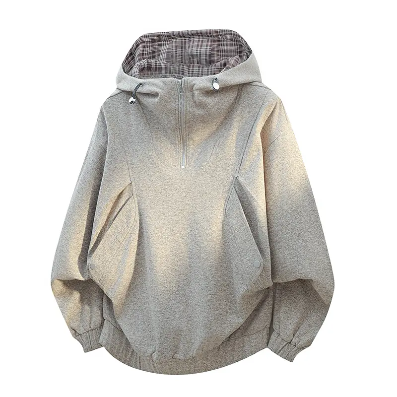 Unisex Design Preppy High-Street Structured Half-Zip Plaid Hoodie - Spring/Summer Youth Loose-Fit Long-Sleeve Varsity Outerwear, Premium Feel, Versatile for Men's Tops, Women's Clothes, Halloween, Thanksgiving, Easter, Polyester, Nylon