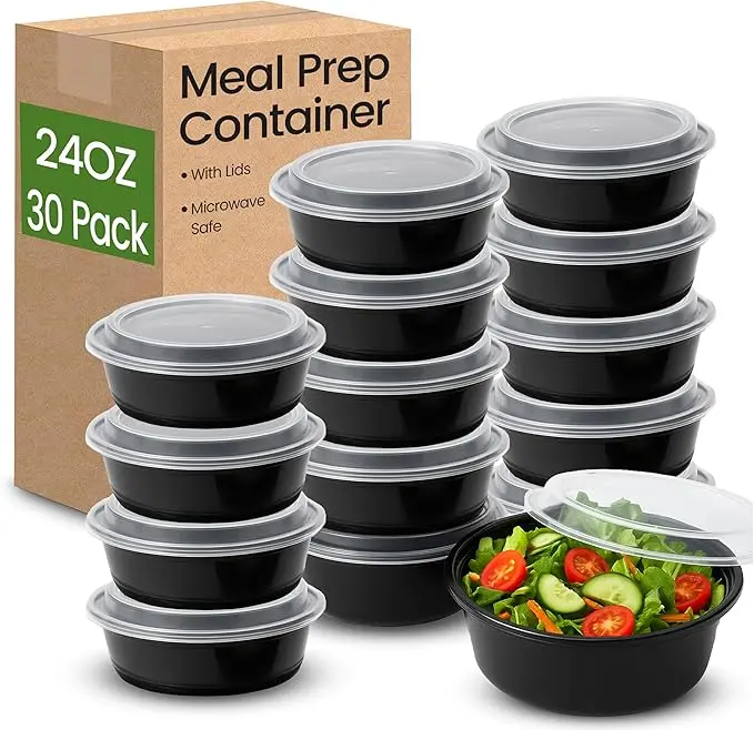 Velzy 30 PCs Microwavable Round Meal Prep Containers with Lids Reusable – 24 oz (3 Cups) Meal Prep Bowls with Lids Set, Microwave Safe