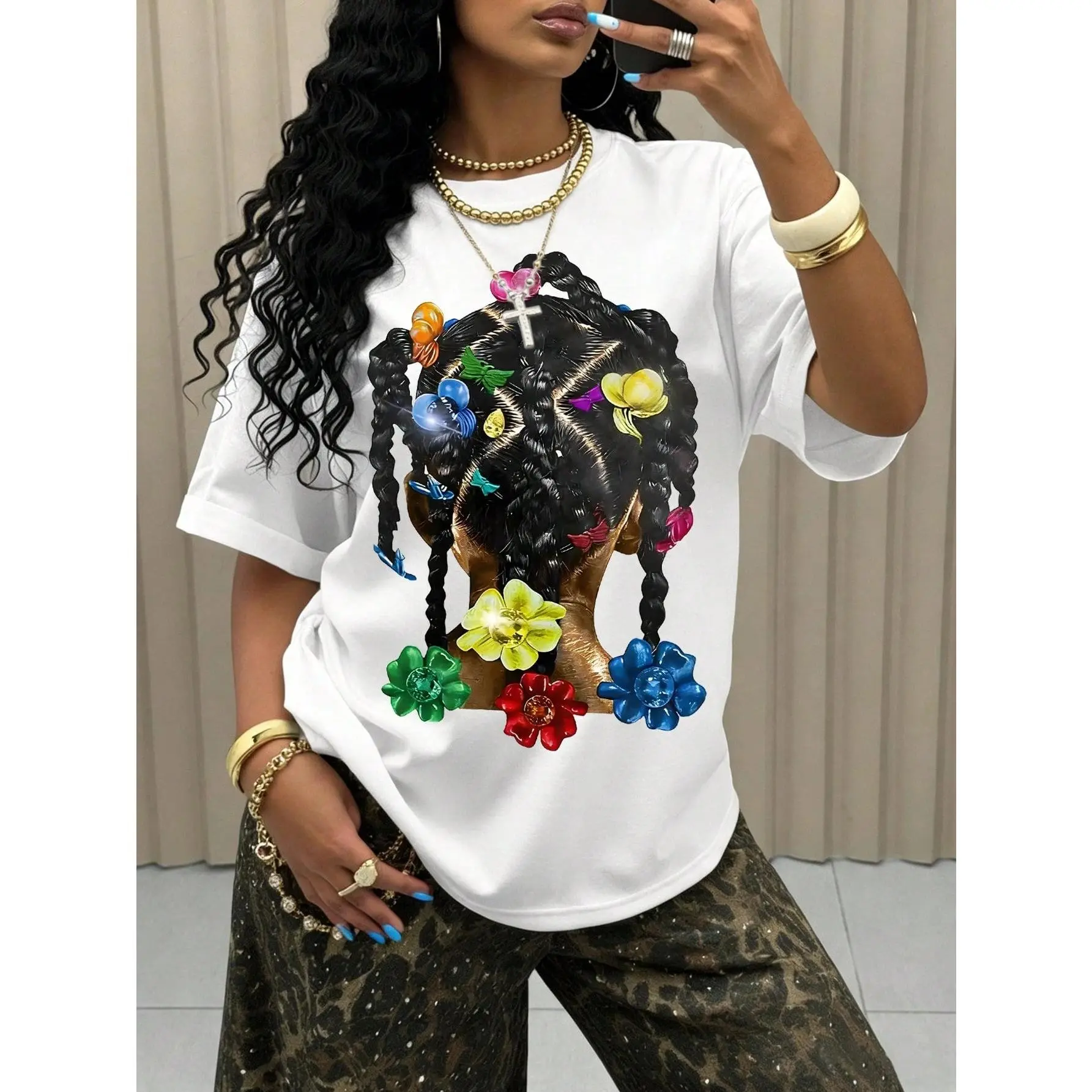 Womens Oversized Graphic Tee Short Sleeve Crewneck Casual Loose Fit Streetwear Top Afro Braids Colorful Flower Print Summer Outfit