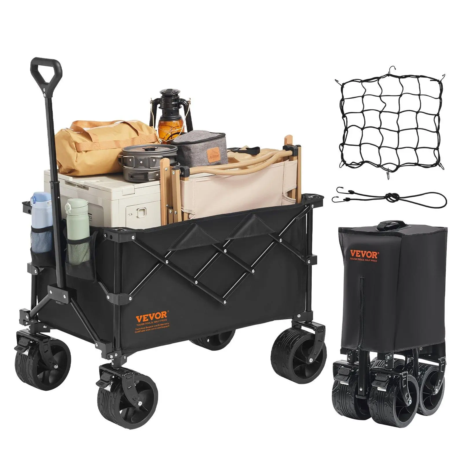 【FathersDayGift】VEVOR Collapsible Folding Wagon, Max 330 lbs 220 L Beach Wagon Cart with All-Terrain Wheels, Heavy Duty Folding Wagon Cart with Drink Holders, Sports Wagon for Camping, Shopping, Garden