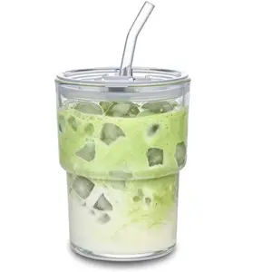 13oz Glass Tumbler with Straw and Lid Sealed, Carry On Reusable Iced Coffee Cups,Thick Wall Glass Coffee Drinking Glassware Cups