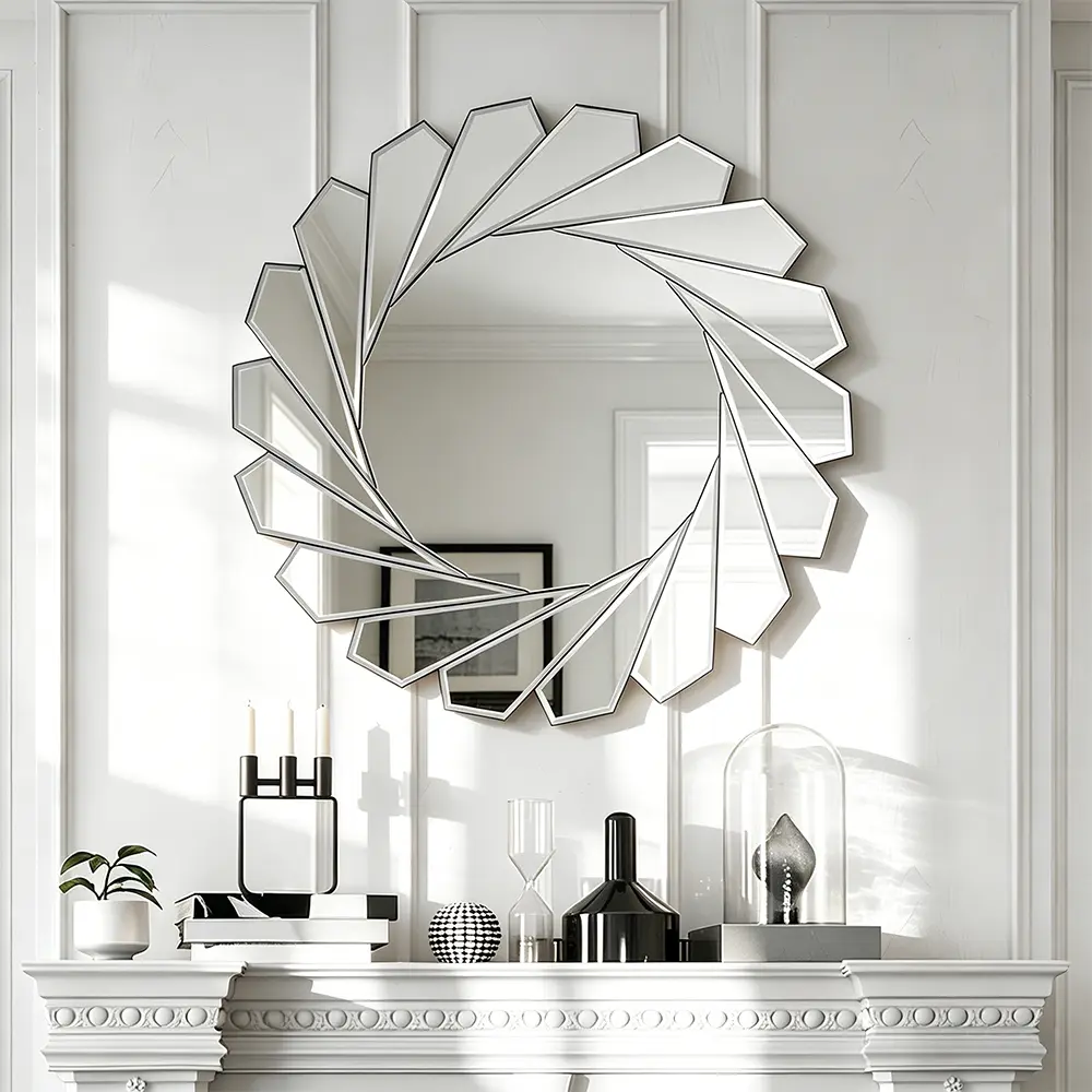 Round wall mirror, 23.6-inch frameless glass mirror, sunflower pattern, angled edges design, geometric decorative wall mirror, vertical hanging wall decor, suitable for bathroom, entryway, vanity table, living room home decoration
