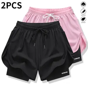 Women’s casual athletic shorts, 2-pack, faux two-piece design, solid color, with built-in lining, elastic drawstring waistband, suitable for outdoor fitness, running, sports, and casual wear; women’s shorts