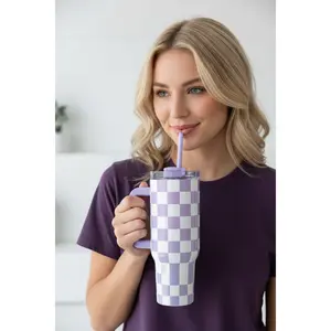 Purple Checkered Stainless Steel Tumbler
