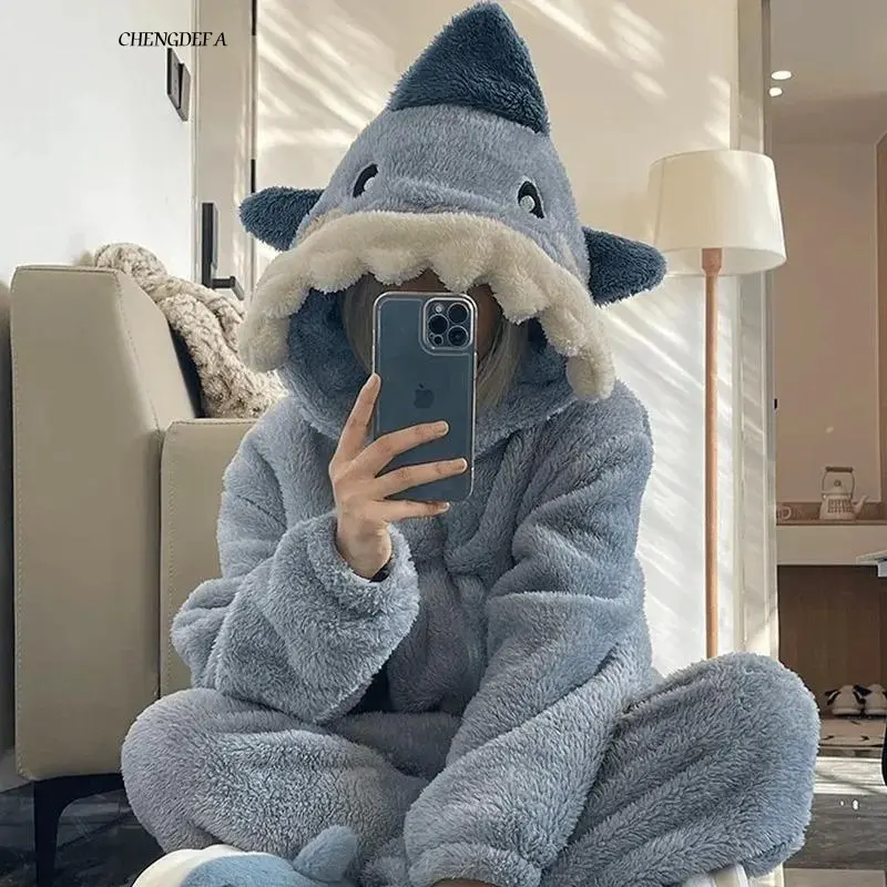 (New)CHENGDEFA Cute Blue Shark Pajamas Long Sleeve Jumpsuit Animal Autumn Homewear Winter Sleepwear Cosplay Costume for Women and Men Pyjamas Pjs