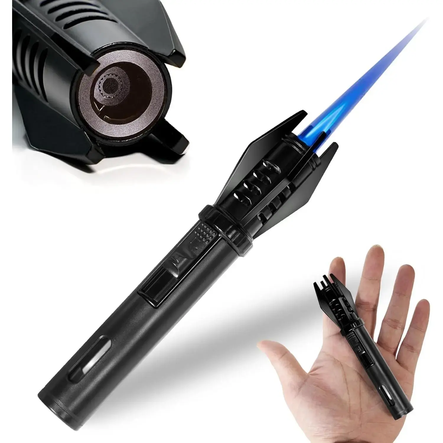 Tactical EDC Mini Torch Lighter - 5-in-1 Refillable Butane Tool, Windproof Flame, ABS-Metal Shell, Fuel Level Window, Heat-Resistant Copper Nozzle, Adjustable Flame Knob for Camping, BBQ Cooking, Candle Lighting, Fireplace Lighting, Tactical Accessories