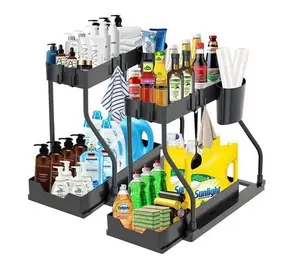 Under Sink 2-Tier Sliding Organizer with Frame, Pull-Out Storage Basket, Space-Saving for Kitchen, Bathroom, Laundry Room foldable shoe box spacesaving hanger jeans door hat shapesaver house anniversary wedding gift bag maximize family use