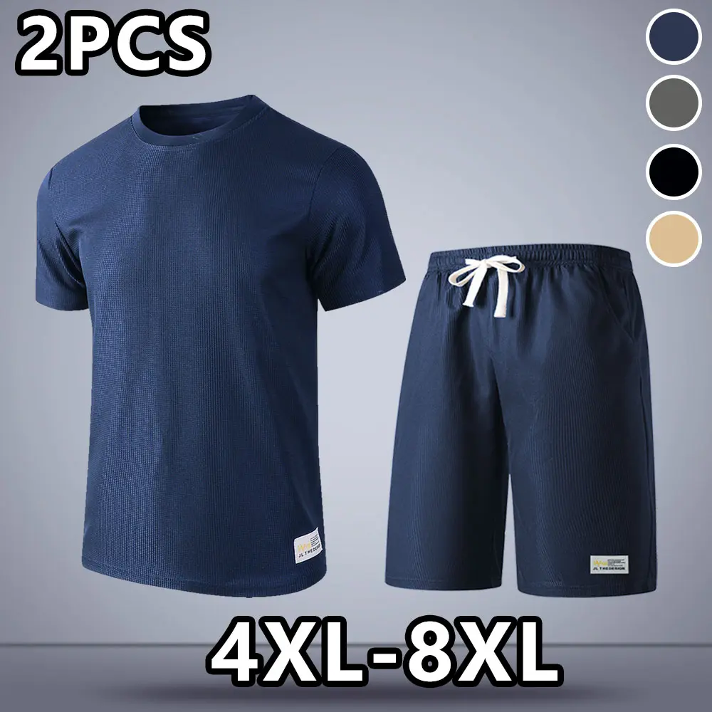 New Summer Oversized Men’s Short Sleeve Set, featuring a plus-size stretchy crewneck T-shirt and plus-size stretchy shorts, made from comfortable, skin-friendly fabric—perfect for everyday lounging and outdoor activities.