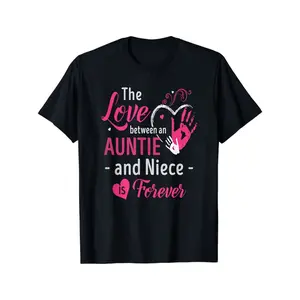 Women's Auntie & Niece Matching T-Shirt - Soft Cotton Graphic Tee with "Love Between Auntie & Niece" & Hearts Print, Black with Pink Lettering, Lightweight Breathable Fabric, Casual Round Neck Short Sleeve Top for Family Bonding, Birthday or Christmas Gif