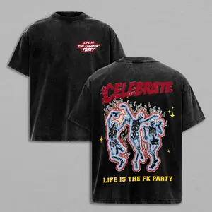 Skeleton Party Graphic Heavy Cotton Streetwear Casual T-Shirt Vintage Wash Oversized Breathable Unisex