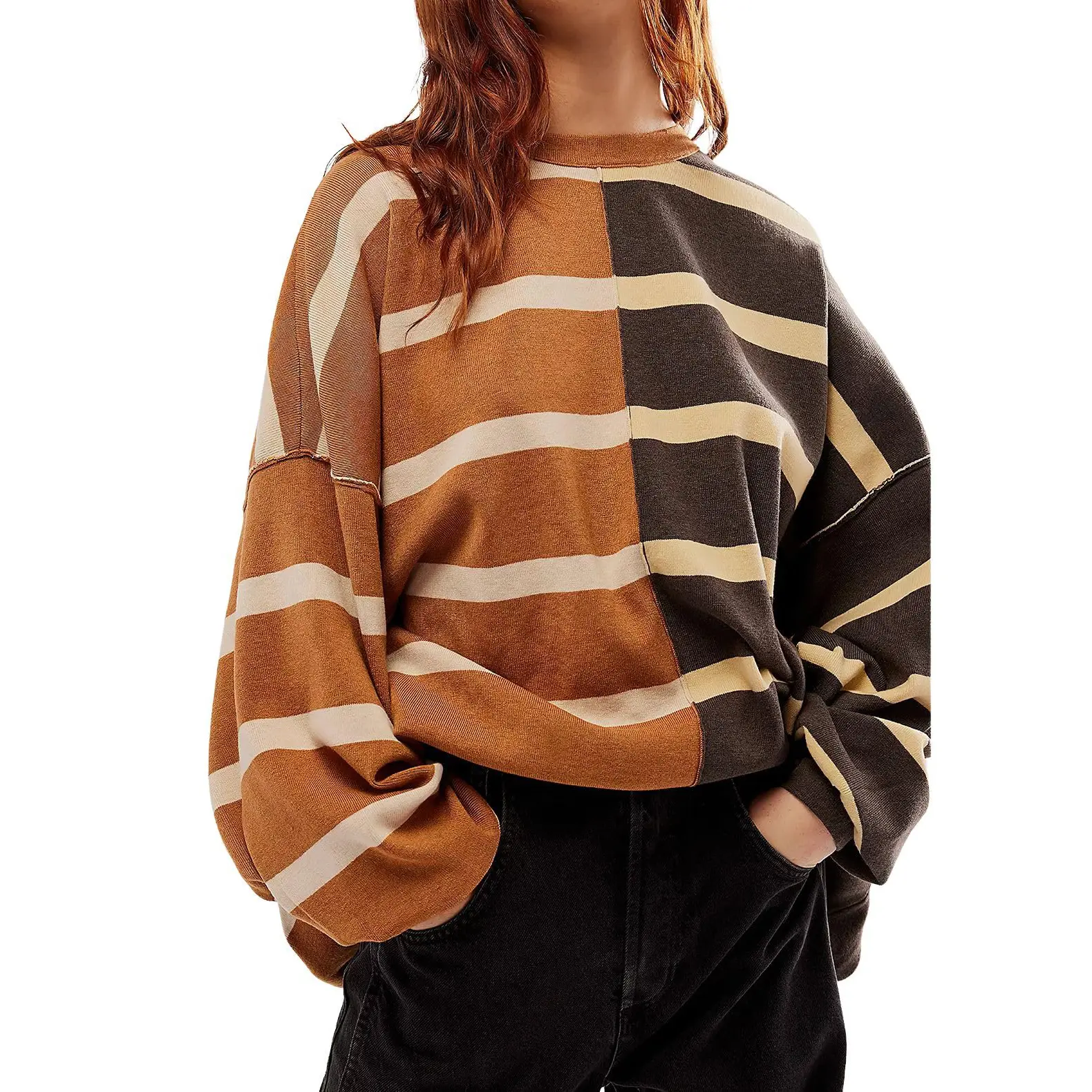 Chouyatou Women's Batwing Long-Sleeve Oversized Knit Sweater - Skinny Color-Block Striped, Retro Round Neck, Casual Loose Fabric Pullover with Stylish Design, Style, Knitwear, Bottom, Chic, Fit, Lightweight, Polyester, Baggy, Drape, Elastic, Piece, Crew N