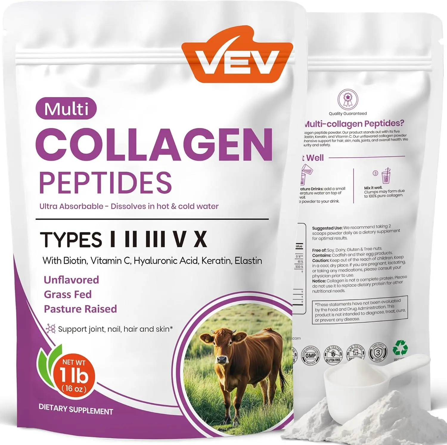 VEV Multi Collagen Peptides Powder, 1 Pound, 16 oz (41 Servings) – Type I, II, III, V, X, Hydrolyzed Collagen, Hyaluronic Acid Power, Biotin, Vitamin C, Supports Skin, Unflavored, Dissolves Easily