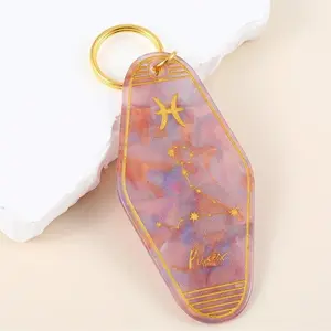 Retro Zodiac Constellation Keychain, Glitter Acrylic Motel Style Key Tag with Chinese Characters for Bags & Keys, Astrology Birthday Gift, Aquarius Keychain