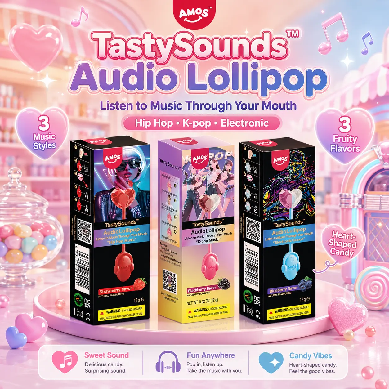 AMOS TastySounds Audio Lollipop Candy Gift – Heart-Shaped Music Lollipop, Sweet Strawberry & Berry Flavors, Cute Tech Candy, Romantic Creative Gift, Individually Wrapped Surprise-7
