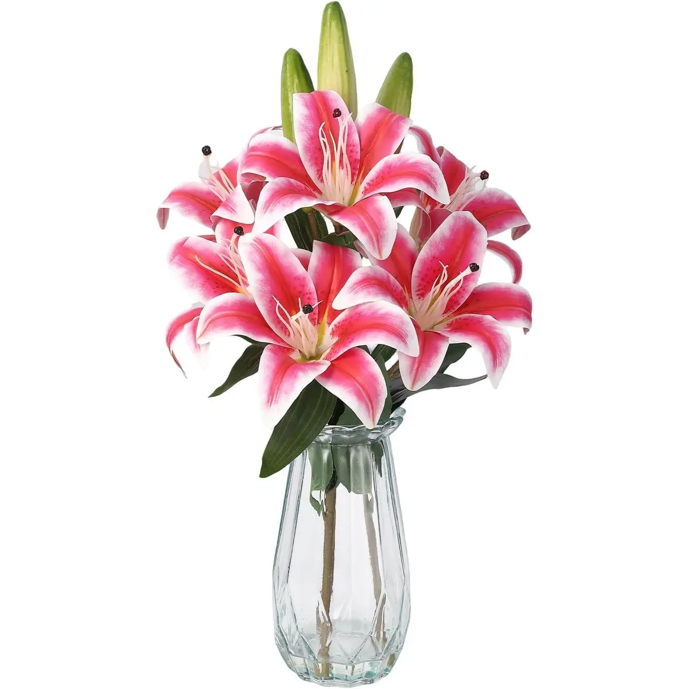 Gaomon Real-Touch Photorealism Tiger Lily Bouquet with Vase (3 Pieces, 3 Stems, 6 Rose Red Flowers) - Fade-Proof, UV-Resistant Decorative Artificial Plant Set for Home Table Centerpieces, Wedding & Easter Venue Arrangements, Gift