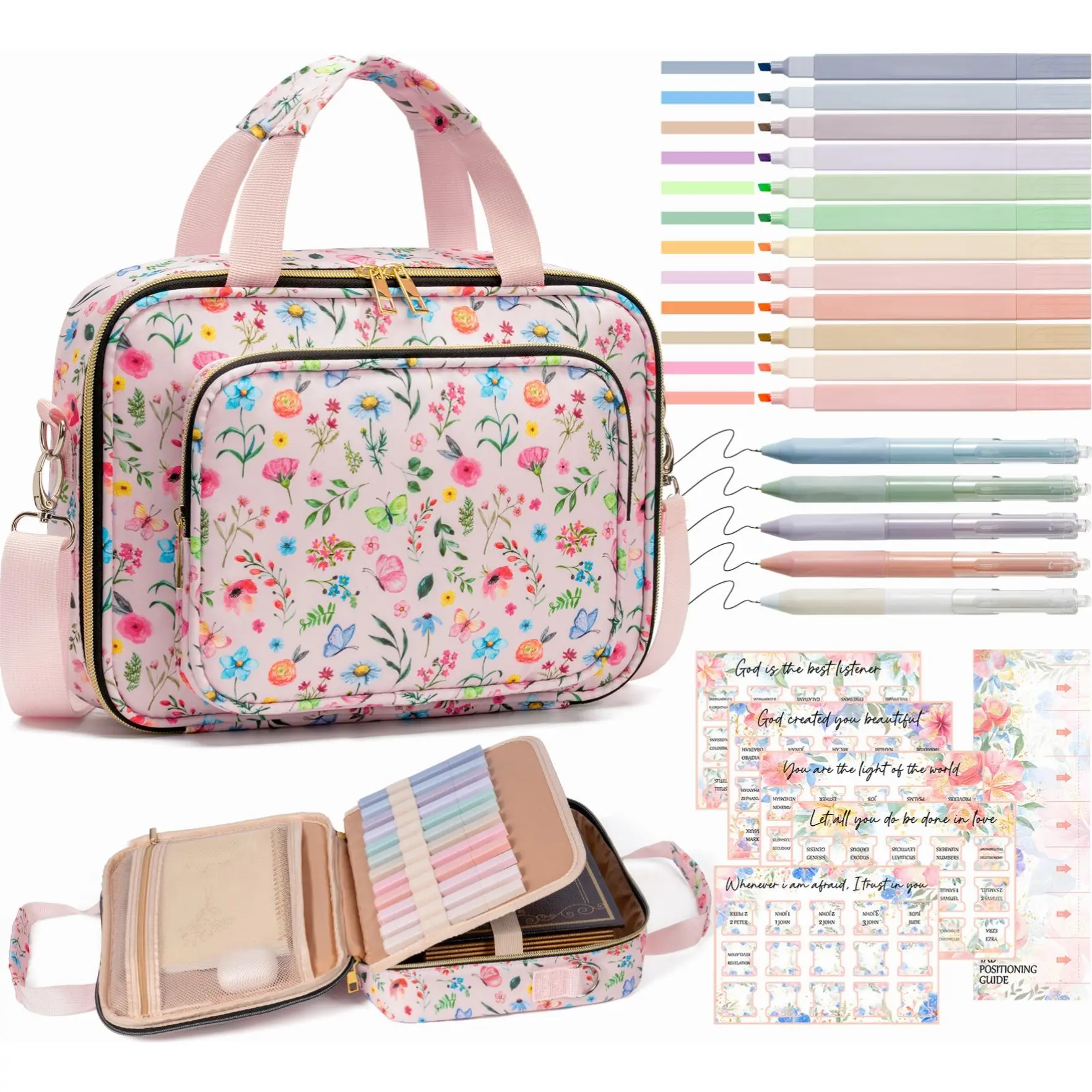 Floe Bible Cover for Women, Large Bible Bag with Shoulder Strap, Book Carrying Case, 12 Highlighters, 5 Gel Pens, 75 Tabs, Bible Study Journaling Kit, Easter  Christian Valentine Gifts for Women