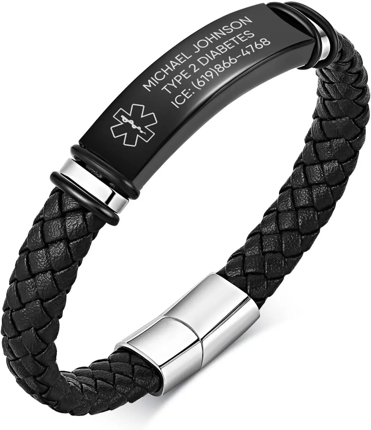 Medical Alert ID Bracelet for Men - Stainless Steel Emergency Identification Bracelets, Leather Medical Wristband with Clasp, Medic ID Bracelet for Diabetic Allergy,Black