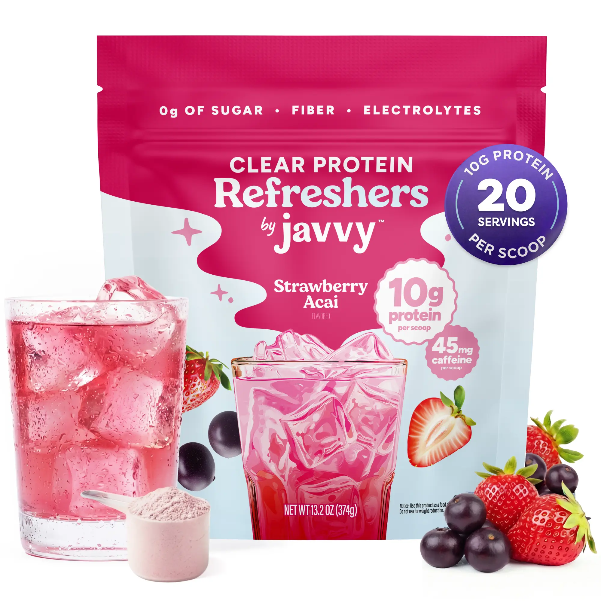 Javvy Strawberry Acai Refresher Energy Beverage - Premium Clear Whey Protein, Electrolytes & Fiber - 100% Natural Flavors - 0 Artificial Colors, Sweeteners - 45mg Caffeine, 0g Sugar - 20 Servings, Ambient
